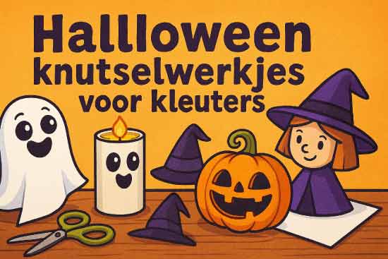 Halloween knutselwerkjes kleuters: een vrolijk spookje van papier, een wc-rol spooklampje met lichtje, een pompoen en een heksje om te knutselen met kinderen
