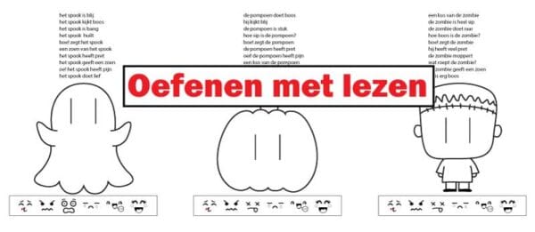 Drie Halloween leeskaarten voor beginnende lezers met een spook, een pompoen en een zombie – oefening met korte zinnen en gezichtsuitdrukkingen.