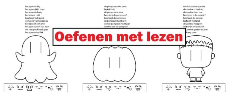 Drie Halloween leeskaarten voor beginnende lezers met een spook, een pompoen en een zombie – oefening met korte zinnen en gezichtsuitdrukkingen.