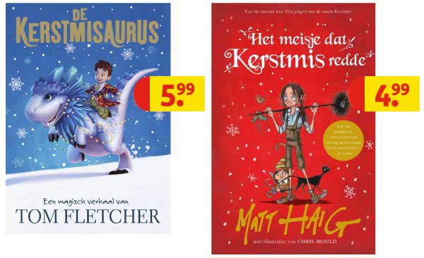 Afbeelding van de kerst kinderboeken De Kerstmisaurus van Tom Fletcher (€5,99) en Het meisje dat Kerstmis redde van Matt Haig (€4,99) uit de Kruidvat kerstactie.
