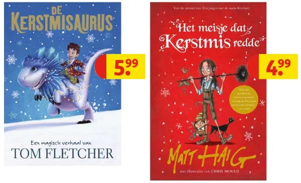 Afbeelding van de kerst kinderboeken De Kerstmisaurus van Tom Fletcher (€5,99) en Het meisje dat Kerstmis redde van Matt Haig (€4,99) uit de Kruidvat kerstactie.