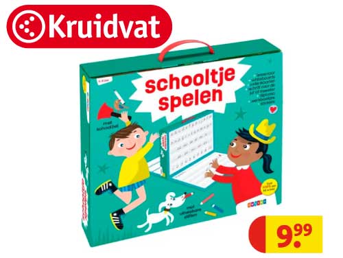 Schooltje spelen-koffer van Kruidvat om thuis leren lezen in groep 3 te oefenen, met uitwisbare kaarten en werkboekjes.