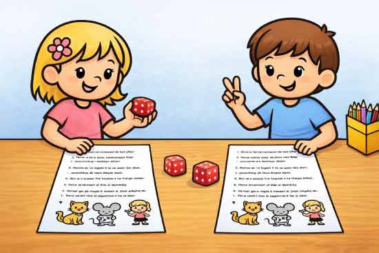 twee kinderen lezen om de beurt een verhaal van hun eigen printblad en gooien met een dobbelsteen