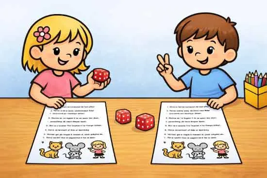 twee kinderen lezen om de beurt een verhaal van hun eigen printblad en gooien met een dobbelsteen