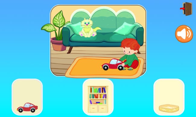 Luisteroefening in Woordenschat thuis waarbij een kind het juiste plaatje kiest na een gesproken zin