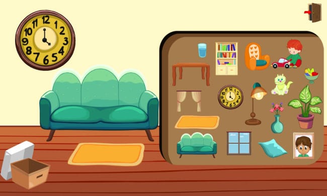 Kind maakt in de app Woordenschat thuis een eigen kamer met losse plaatjes uit een doos