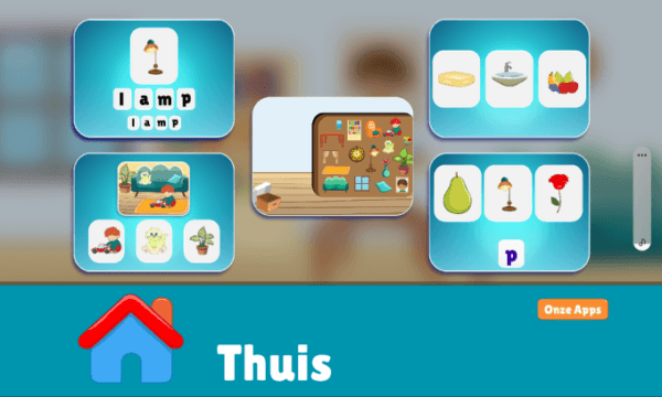 Startscherm van de app Woordenschat thuis met oefeningen rond wonen en spullen in huis