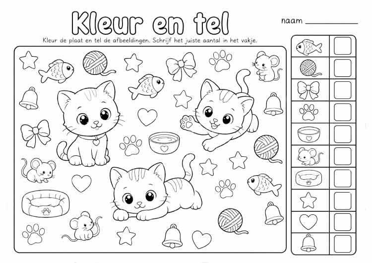 Kleurplaat werkblad met schattige katten en telopdracht voor groep 1 en 2