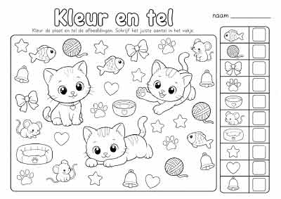 Gratis kleurplaat kleur en tel met drie schattige katten voor groep 1 en 2