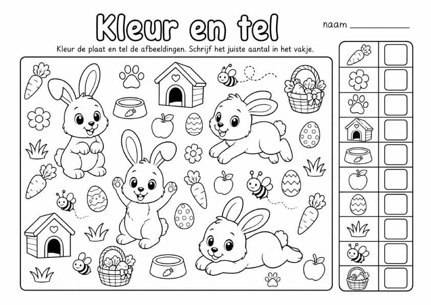 Gratis kleurplaat kleur en tel met drie schattige konijnen voor groep 1 en 2