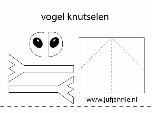 Printvel voor vogel knutselen van papier met ogen, poten en vouwlijnen