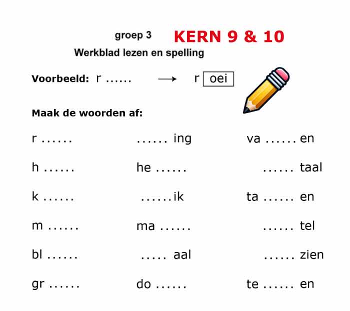 Werkblad lezen en spelling voor groep 3 met woorden uit kern 9 en 10 van Veilig leren lezen.