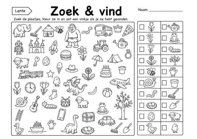 Zoek en vind lente werkblad voor groep 3 met lentewoorden en zoekplaat