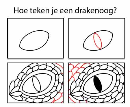 Stappenplan voor kinderen om een drakenoog te tekenen in vier eenvoudige stappen