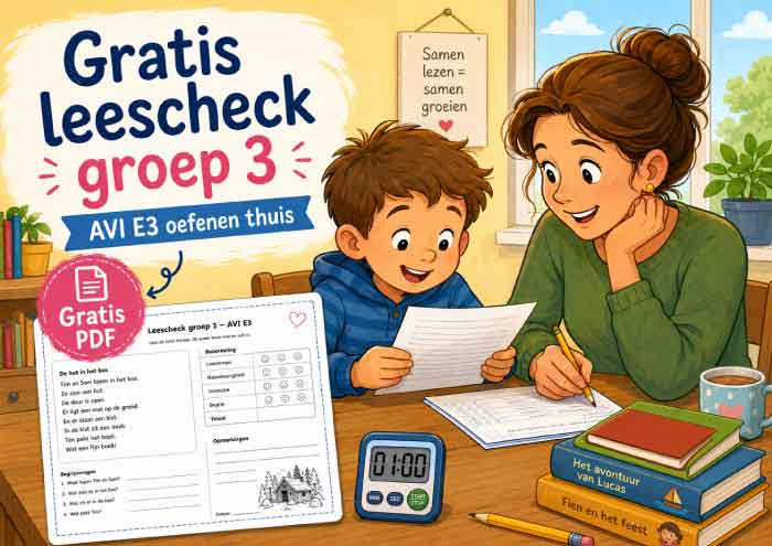 Gratis leescheck groep 3 om thuis AVI E3 lezen te oefenen met een kind