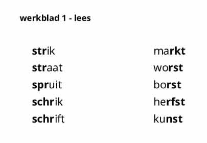 Voorbeeld van werkblad 1 met leesoefeningen voor eind groep 3 en kern 9 woorden