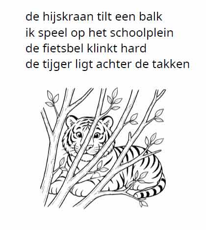 Voorbeeld van leesoefeningen voor eind groep 3 met de zin de tijger ligt achter de takken