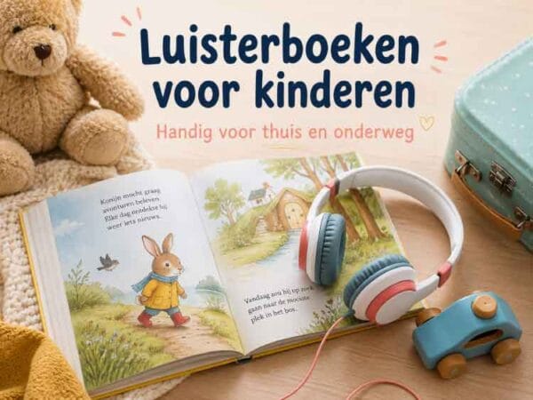 Open kinderboek met koptelefoon, knuffel, speelgoedauto en koffertje voor luisterboeken voor kinderen