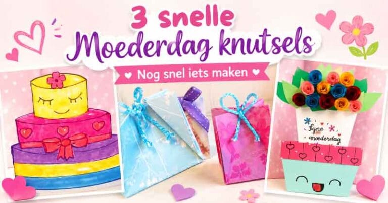 Drie snelle Moederdag knutsels voor kinderen: een taart tekenen, een cadeautasje vouwen en een Moederdagkaart maken.