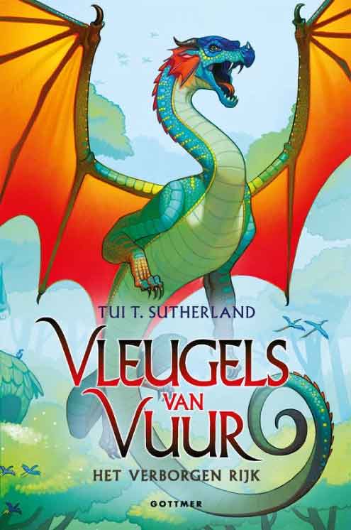Boekomslag van Vleugels van vuur 3 - Het verborgen rijk van Tui T. Sutherland met een RegenVleugel in het regenwoud
