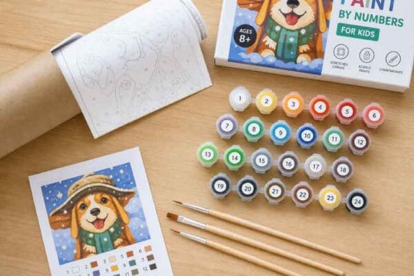 Schilderen-op-nummer-pakket voor kinderen met doek, verfpotjes, kwasten en kleurvoorbeeld.