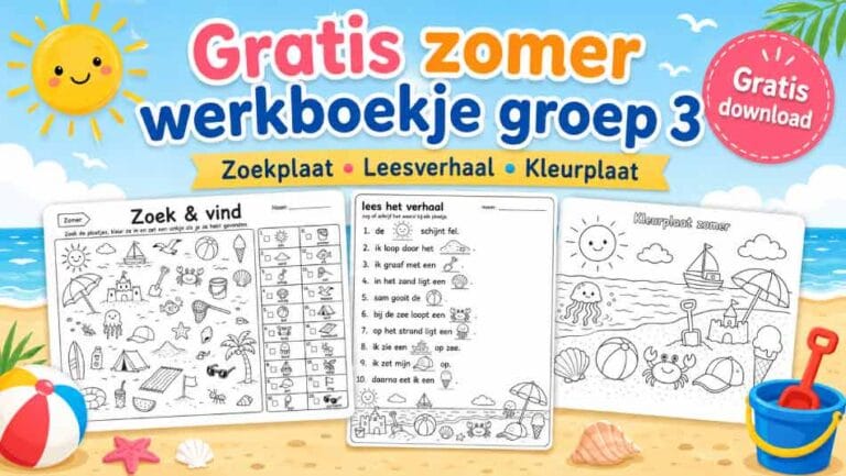 Gratis zomerwerkboekje voor groep 3 met een zoekplaat, leesverhaal en kleurplaat.
