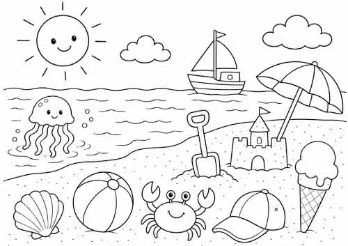 Zomerse kleurplaat voor groep 3 met een zon, boot, kwal, schep, schelp, bal, krab, pet en ijsje op het strand.