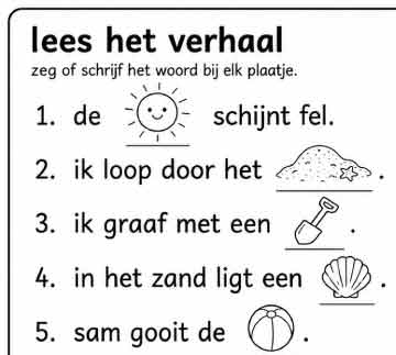 Leeswerkblad voor groep 3 met korte zomerzinnen en plaatjes van onder andere de zon, het zand, een schep, een schelp en een bal.